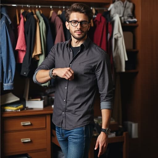 30대 중반의 백인 남성이 세련된 의상과 액세서리를 자랑스럽게 보여주며 잘 정리된 옷장 앞에서 자신감 넘치는 모습을 선보입니다.