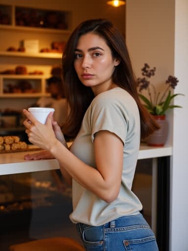 자연스러운 외모를 가진 혼혈 10대 후반 소녀가 캐주얼한 티셔츠와 청바지를 입고, 베이커리에서 커피잔을 들고 서 있습니다. 그녀의 짜증 난 표정은 다양한 빵과 디저트가 진열된 따뜻하고 초대하는 배경과 대조를 이룹니다.