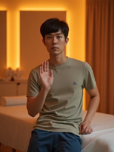 이 이미지는 편안한 운동복을 입고 있는 20대 후반의 동양인 남성이 슬픈 표정을 지으며 한 손으로 가벼운 인사를 하는 모습을 담고 있습니다. 그는 약간 움츠린 자세로 감정 상태를 반영하고 있습니다. 배경은 아늑한 마사지샵 내부로, 부드러운 조명과 마사지 테이블, 편안한 인테리어가 조화를 이루며, 그의 감정과 대조되는 평화로운 분위기를 만들어냅니다.