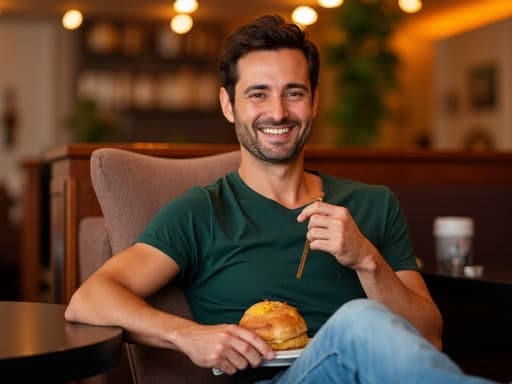 40대 초반의 백인 남성이 캐주얼한 티셔츠와 청바지를 입고 아늑한 카페의 소파에 앉아 있는 반신 사진입니다. 그는 편안한 표정을 지으며 음식을 즐기고 있으며, 아늑하고 따뜻한 분위기 속에서 자유롭고 편안한 느낌을 전달합니다.