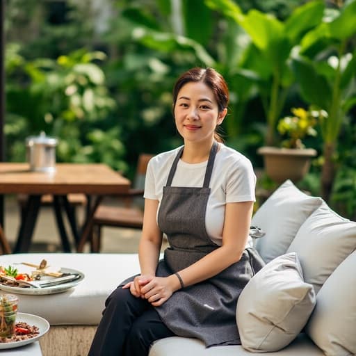50대 초반의 아시아계 여성이 편안한 티셔츠와 바지를 입고 앞치마를 두른 채 소파에 앉아 있습니다. 그녀는 요리 도구를 손에 들고 있으며, 초록색 식물들로 둘러싸인 정원에서 차분하고 초대하는 분위기를 연출하고 있습니다.