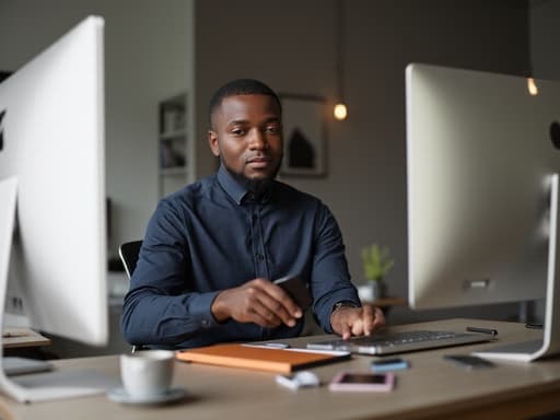 30대 중반의 아프리카계 남성이 편안한 비즈니스 캐주얼 복장을 입고 현대적인 사무실에 앉아 있습니다. 한 손에 커피 컵을 들고 다른 손은 컴퓨터 키보드에 올려놓고, 차분하고 심사숙고하는 표정을 지으며 작업을 고민하고 있습니다.