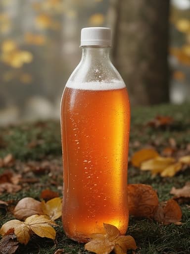 음료수 탄산음료 페트병에 맺힌 응결 방울과 생생한 액체, 고요한 공원에 흩어진 가을 낙엽.