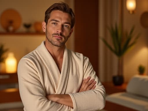 40대 중반의 세련된 외모를 지닌 백인 남성이 편안한 로브를 입고 아늑한 스파 환경에서 반신 촬영된 모습입니다. 그는 마사지 대기 중 편안하면서도 세련된 표정을 짓고 있으며, 부드러운 조명과 자연 장식으로 둘러싸여 있습니다.