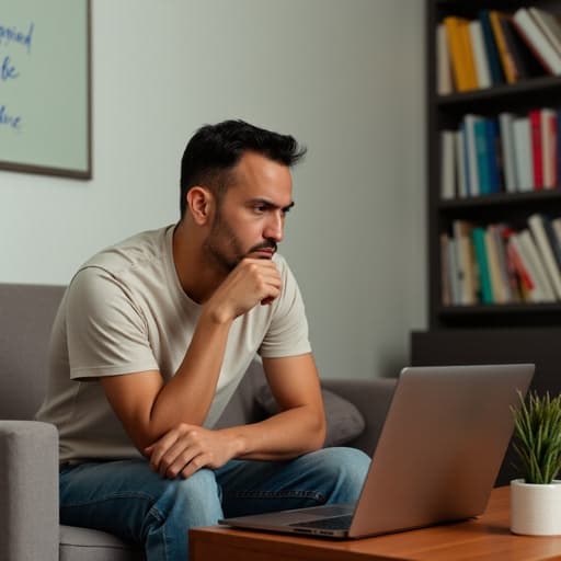 40대 초반의 라틴계 남성이 소파에 앉아 노트북을 바라보며 당황한 표정을 짓고 있는 반신 사진. 편안한 티셔츠와 청바지를 입고 있으며, 배경은 책장과 화이트보드가 있는 온라인 강의실입니다.