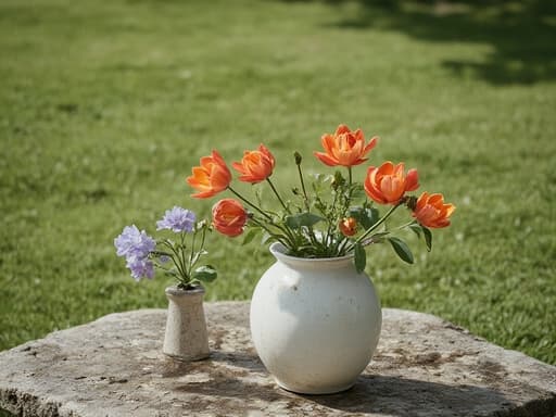 수제 꽃병, 세라믹 질감, 화창한 봄꽃으로 둘러싸인 돌 정원 테이블 위에 배치, 신선하고 생기 넘치며 고요한.