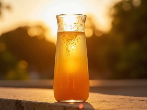 황금빛 일몰 배경의 주스 병, 따뜻한 색조