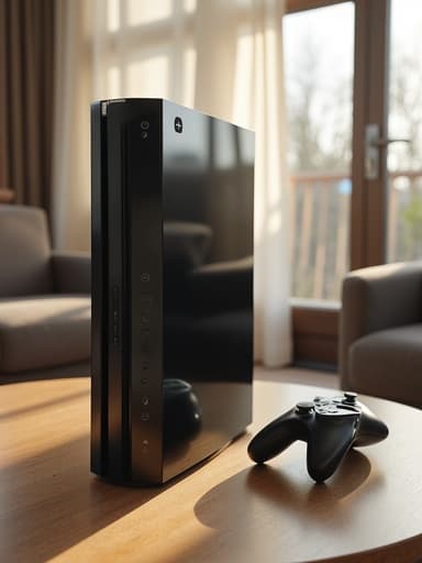 세련된 디자인의 게임 콘솔이 밝은 실내 거실에 놓여 있으며 자연광이 들어오고 따뜻한 분위기입니다.