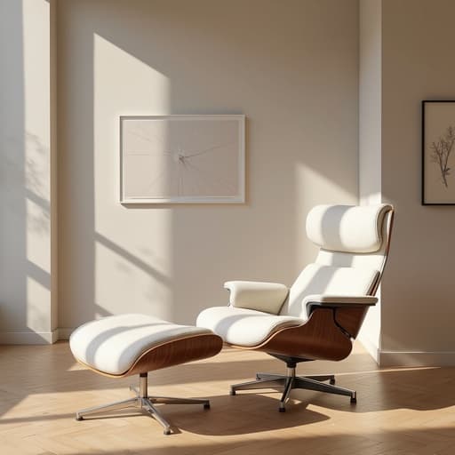 미니멀한 아트 갤러리의 중립적인 벽과 광택이 나는 나무 바닥에 있는 라운지 체어가 아늑한 분위기를 조성합니다.