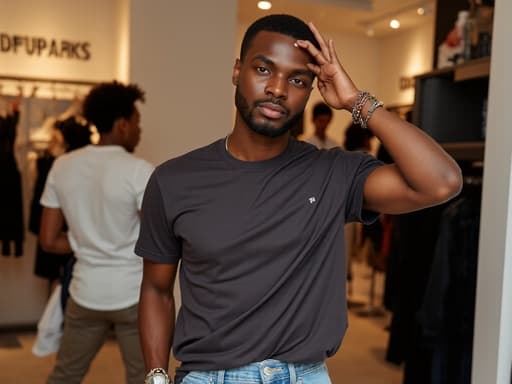 20대 초반 아프리카계 남성 모델이 반신 촬영으로 포착되었으며, 세련된 티셔츠와 청바지를 착용하고 시계와 팔찌로 accessorized 되어 있습니다. 그는 편안한 표정을 짓고 있으며, 한 손을 머리에 얹고 자신감 있는 자세를 취하고 있습니다. 다양한 의류와 액세서리로 가득한 세련된 패션 매장 배경에서 촬영되었습니다.