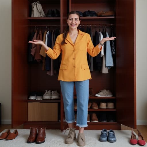 50대 초반의 중동계 여성이 편안한 캐주얼 의상과 멋진 신발을 입고, 친근한 표정을 지으며 다양한 신발이 진열된 옷장 앞에서 신발을 신기 위해 준비하고 있는 모습의 반신 사진. 따뜻하고 초대하는 분위기를 자아냅니다.