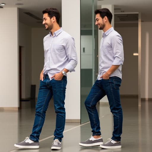 자연스러운 외모의 40대 초반 동양인 남성이 캐주얼한 셔츠와 청바지를 입고 거울 앞에서 신발을 확인하며 자신감 넘치는 표정을 짓고 있는 모습, 손은 주머니에 넣고 편안하면서도 세련된 분위기를 자아냅니다.