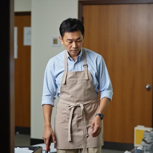 40대 초반의 한국 남성이 청소 도구를 들고 바닥을 쓸고 있는 당황한 모습을 반신으로 촬영한 이미지입니다. 그는 깔끔한 셔츠와 바지를 착용하고 앞치마를 두르고 있으며, 어수선한 서류가 놓인 사무실 배경에서 생산성과 혼란을 동시에 보여주고 있습니다.