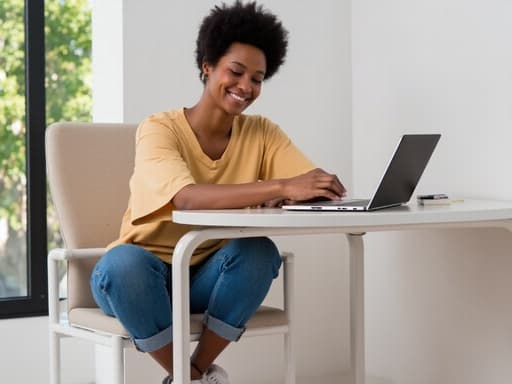 현대적인 사무실에서 노트북과 상호작용하며 미소짓고 있는 20대 중반의 아프리카계 여성. 캐주얼한 복장을 하고 있으며, 전문적이면서도 아늑한 환경이 그녀의 기술과의 상호작용을 강조합니다.