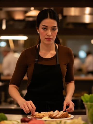 세련된 블랙 드레스를 입고 주방 앞치마를 매고 있는 30대 중반의 라틴 여성은 아늑한 레스토랑 주방에서 재료를 손질하며 무관심한 표정을 짓고 있습니다. 따뜻한 조명이 그녀의 우아함과 요리 과정을 강조하며 아늑한 분위기를 만들어냅니다.