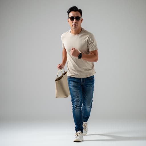 이 이미지는 30대 후반의 동양인 남성이 반신 촬영된 모습으로, 캐주얼한 티셔츠와 청바지를 입고 세련된 시계와 선글라스를 착용하고 있습니다. 그는 가방을 쥐고 달리는 자세를 취하고 있으며, 스트레스를 받은 듯한 표정을 짓고 있습니다. 배경은 깔끔하고 현대적인 스튜디오 환경입니다.