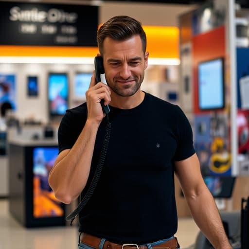 30대 중반의 백인 남성이 짧은 머리와 검은색 티셔츠, 청바지를 입고 반신 사진으로 촬영되었습니다. 그는 화난 표정을 짓고 있으며, 한 손으로 전화기를 귀에 대고 다른 손으로 전화기를 단단히 잡고 있습니다. 배경에는 다양한 전자기기가 진열된 전자매장이 있어 긴박감과 기술의 분위기를 자아냅니다.