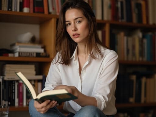 10대 후반의 백인 여성의 반신 샷으로, 자연스럽고 세련된 외모를 가진 자신감 있는 모습입니다. 그녀는 책을 읽고 있는 자세로 다리를 꼬고 앉아 있으며, 심플한 흰색 블라우스와 세련된 청바지를 착용하고 있습니다. 배경은 조용하고 아늑한 도서관으로 책장에 둘러싸여 있어 고요한 분위기를 더합니다. 부드럽고 따뜻한 조명이 그녀의 우아한 표정과 차분한 자세를 강조합니다.