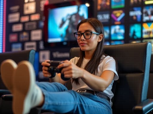 전자매장에 앉아 게임 콘솔을 조작하고 있는 40대 중반의 라틴계 여성의 반신 사진. 그녀는 편안한 티셔츠와 청바지를 입고 여유로운 표정을 지으며, 다리를 앞으로 쭉 뻗고 있습니다. 주변에는 다양한 게임과 기기가 진열되어 있어 생동감 넘치는 게임 환경을 만들어냅니다.