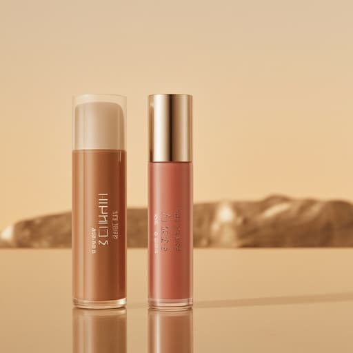 립 틴트, 부드러운 질감, 광택 있는 마감, 중앙에 배치, 부드러운 황금빛 노을 배경, 따뜻한 색조, 자연광, 부드러운 그림자, 섬세한 반사, 따뜻하고 초대하는 분위기.