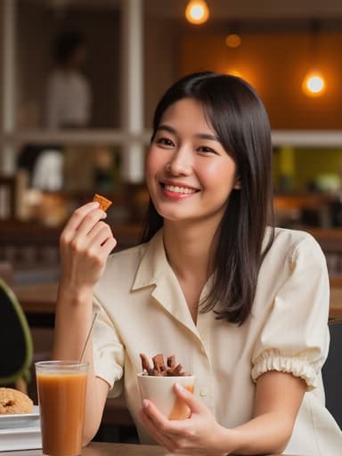 30대 중반의 아시아계 여성 모델이 자연스러운 외모를 가지고 아늑한 카페 테이블에 편안하게 앉아 있는 반신 샷입니다. 그녀는 캐주얼한 블라우스와 청바지를 착용하고 있으며, 한 손에 간식을 들고 부드럽게 미소 지으며 여유로운 표정을 짓고 있습니다. 테이블 위에는 간단한 간식과 음료가 놓여 있어 따뜻하고 초대하는 분위기를 자아냅니다. 전체적인 장면은 카페에서 느긋한 하루의 본질을 포착하고 있으며, 모델의 자연스러운 매력과 공간의 초대하는 분위기를 강조합니다.