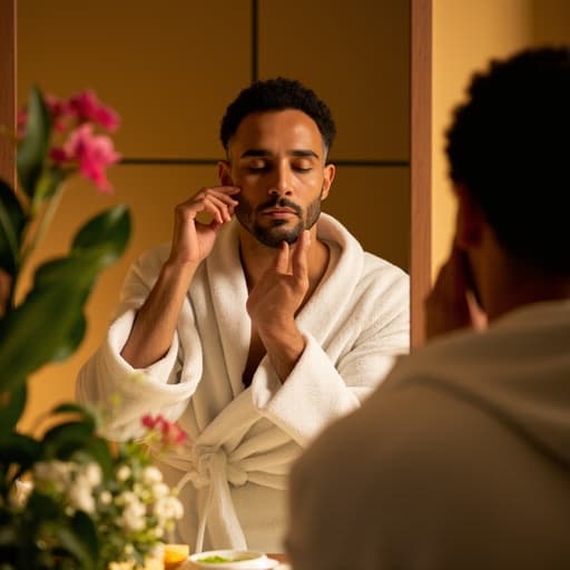 30대 후반 중동계 남성이 편안한 운동복과 스파 가운을 착용하고 거울 앞에 서서 눈을 감고 피곤한 표정을 지으며 스킨케어 제품을 바르고 있는 반신 사진. 배경은 부드러운 조명과 무성한 식물로 둘러싸인 아늑한 스파 환경을 보여주며, 휴식과 자기 관리의 분위기를 강조합니다.