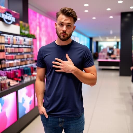 30대 초반의 백인 남성이 쇼핑몰의 화장품 매대 앞에 서 있습니다. 그는 캐주얼한 티셔츠와 청바지를 입고 있으며, 가슴에 손을 대고 실망한 표정을 짓고 있습니다. 주변의 다채로운 화장품 제품들과 함께 이 장면은 공감할 수 있는 실망의 순간을 표현하고 있습니다.