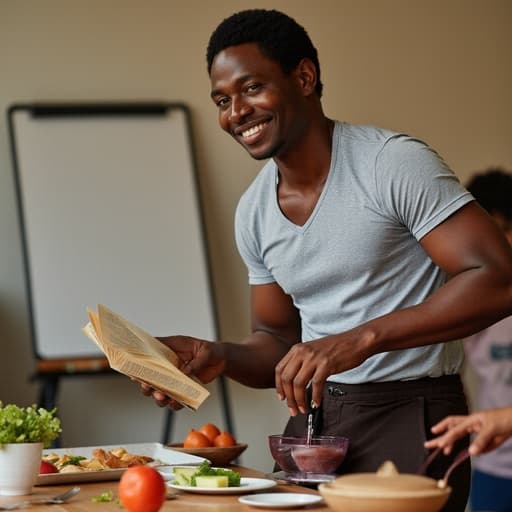 40대 초반의 아프리카계 남성이 자연스러운 외모로 책을 읽으며 부드럽게 미소 짓고 있는 반신 사진. 그는 편안한 티셔츠와 바지를 입고 한 손으로 책을 들고 다른 손으로는 요리 재료를 준비하고 있습니다. 배경은 요리 재료와 책이 가득한 교실의 책상으로 따뜻하고 호기심 가득한 분위기를 만들어냅니다.