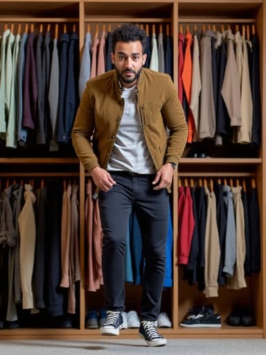 40대 중반의 중동계 남성이 트렌디한 재킷과 슬랙스, 스니커즈를 착용한 전신 샷. 그는 다양한 의상이 걸려 있는 옷장 앞에서 점프하며 불안한 표정을 짓고 있으며, 완벽한 의상을 선택하려는 순간의 흥미와 긴장을 담고 있습니다.
