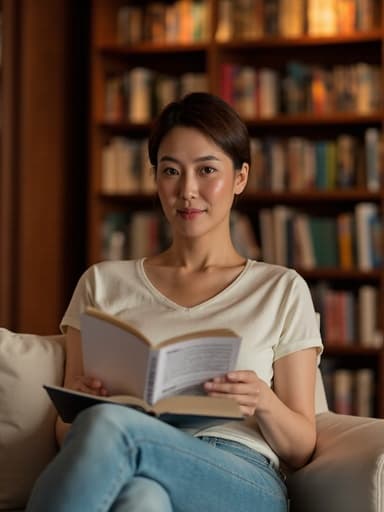 40대 초반의 동양인 여성이 소파에 편안하게 앉아 책을 읽고 있는 반신 촬영입니다. 그녀는 연한 색상의 캐주얼 티셔츠와 청바지를 입고 있으며, 차분한 분위기로 무표정입니다. 배경에는 책이 가득 찬 아늑한 도서관이 따뜻한 조명으로 비추어지고 있어, 그녀의 독서 순간의 평화로움을 더욱 강조합니다.