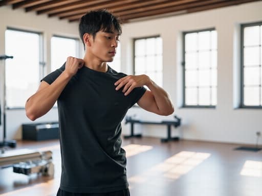 밝은 필라테스 스튜디오에서 편안한 운동복을 입고 소매를 잡고 있는 20대 후반 아시아계 남성의 반신 샷. 긴장한 표정으로 운동 준비를 하고 있는 모습입니다.