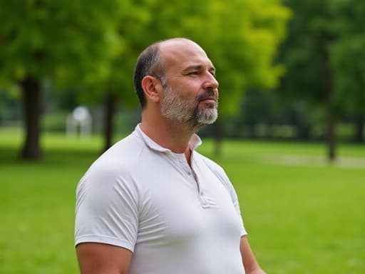 40대 초반 혼혈 남성이 편안한 요가 복을 착용하고 요가 포즈를 취하며 여유로운 표정을 지은 모습의 반신 촬영. 그 뒤에는 푸른 잔디와 나무가 있는 평화로운 공원이 펼쳐져 있어 건강한 삶의 느낌을 강조합니다.