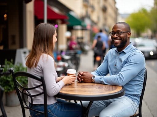 50대 초반의 흑인 남성이 캐주얼한 셔츠와 청바지를 입고 카페 테이블에 앉아 친구와 대화를 나누며 밝게 웃고 있는 반신 사진입니다. 배경에는 사람들과 자전거가 지나다니는 활기찬 거리 풍경이 있어 친근한 분위기를 더합니다.