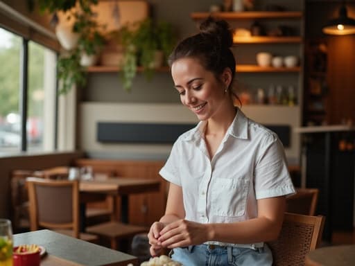 30대 초반의 혼혈 여성이 아늑하고 현대적인 느낌의 식당에서 의자에 앉아 자연스럽게 미소 지으며 요리를 위해 재료를 다듬고 있는 모습의 반신 사진. 캐주얼한 티셔츠와 청바지를 착용하고 있으며, 따뜻한 분위기와 편안한 태도가 요리 주제를 강조합니다.