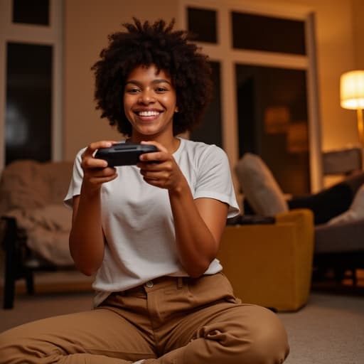 자연스러운 외모를 가진 혼혈의 10대 후반 여성은 아늑한 거실에 앉아 캐주얼한 티셔츠와 편안한 바지를 입고 있습니다. 그녀는 게임 패드를 들고 즐거운 표정을 지으며 다리를 뻗고 게임을 즐기고 있습니다. 집안의 따뜻한 분위기가 편안함과 행복감을 더해줍니다.