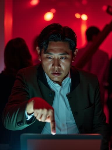 50대 초반의 한국인 남성이 세미 포멀한 자켓과 셔츠를 입고, 노트북 화면을 가리키며 분노한 표정을 짓고 있는 반신사진입니다. 배경은 축하 행사 중의 분주한 어두운 클럽 내부로, 긴장감과 불만의 기분을 강조합니다.
