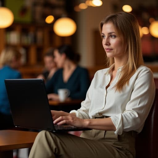 30대 후반의 유럽계 여성이 모던한 카페에 앉아 편안한 블라우스와 슬랙스를 입고 있습니다. 그녀는 차분하고 자신감 있게 프레젠테이션을 준비하며 노트북을 집중해서 바라보고 있습니다. 배경에는 다른 손님들이 조용히 대화하고 있는 모습이 보이며, 아늑하고 편안한 분위기를 만들어냅니다.