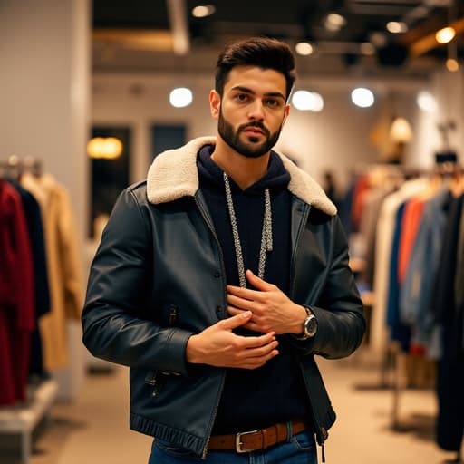 20대 후반의 혼혈 남성이 트렌디한 자켓과 청바지를 입고 세련된 패션 매장에서 서 있습니다. 놀란 표정을 지으며 손을 가슴에 대고 입을 약간 벌린 채로, 다양한 스타일의 의류와 액세서리 사이에 있습니다.