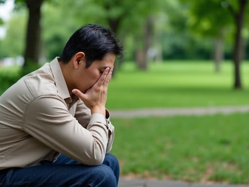 50대 초반의 동양인 남성이 자연스러운 외모를 가지고 평화로운 공원 벤치에 앉아 있는 반신 사진입니다. 캐주얼한 셔츠와 청바지를 착용하고 있으며, 편안하면서도 깊은 고민에 잠긴 듯한 표정을 지니고 있습니다. 그의 손은 무릎에 얹혀 있고, 고개는 약간 숙인 채 긴장한 감정을 드러내고 있습니다. 배경에는 푸른 나무와 잔디가 어우러져 있어 공원의 고요한 분위기를 더욱 강조하며, 주제의 감정 상태가 평화로운 환경과 잘 어우러집니다.