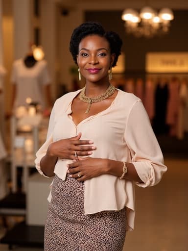 세련된 패션 매장에서 자신감 넘치는 표정을 지으며 세련된 블라우스와 패턴이 있는 스커트를 착용한 아프리카계 여성(50대 초반)이 멋진 액세서리를 자랑스럽게 보여주는 모습입니다.