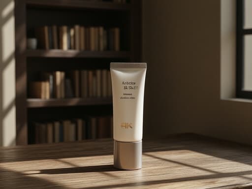 BB크림, 매트한 마감의 우아한 유리 튜브, 고전적인 나무 테이블 위에 수직으로 놓인 모습, 높은 창문을 통해 따뜻한 자연광이 스며들며, 오래된 책이 가득한 고전적인 도서관 배경, 깊이를 강조하는 부드러운 그림자와 반사, 따뜻하고 초대하는 느낌