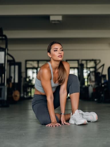 30대 후반의 유럽계 여성이 편안한 운동복을 착용하고, 고민하는 표정으로 몸을 앞으로 숙여 바닥에 손을 대며 스트레칭을 하는 모습의 반신 사진. 배경은 다양한 운동기구가 있는 깔끔한 실내 운동장으로, 활기차고 동기 부여가 되는 분위기를 자아낸다.