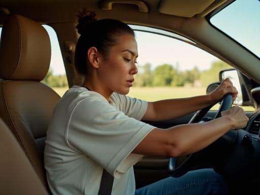 30대 초반의 혼혈 여성은 편안한 티셔츠와 청바지를 입고, 집 안에서 운전하는 모습이 반신 샷으로 포착되었습니다. 긴장한 표정이 스티어링 휠에 집중하고 있는 모습을 보여주며, 창문을 통해 들어오는 자연광이 따뜻한 분위기를 만들어냅니다.