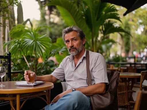 이 이미지는 50대 초반의 라틴 남성이 캐주얼한 셔츠와 청바지를 입고, 잔을 들고 있는 모습입니다. 걱정스러운 표정은 평화로운 야외 카페 환경과 대조되며, 나무와 화초로 장식된 테이블이 있는 분위기를 만들어냅니다.