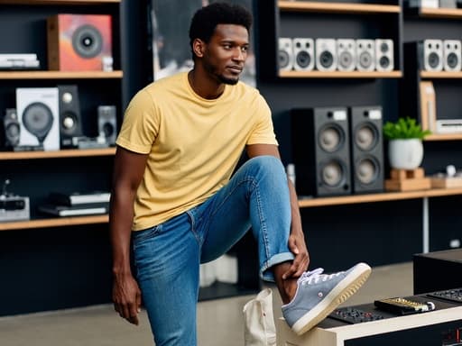 20대 후반 아프리카계 남성이 반신 사진으로 촬영되었습니다. 그는 한쪽 발을 들어 올리며 스포츠 신발을 신으려고 하고 있으며, 자연스러운 티셔츠와 청바지를 착용하고 있습니다. 배경은 다양한 전자기기와 음악 제품이 진열된 전자매장 내부로, 쇼핑의 공감을 불러일으키는 활기찬 분위기를 전달합니다.