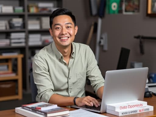 자신감 넘치는 20대 중반의 아시아계 남성이 편안한 셔츠와 바지를 입고 책상에 앉아 있습니다. 그는 자연스럽게 미소를 지으며, 한 손은 키보드 위에, 다른 손은 마우스를 잡고 있습니다. 책상 위에는 노트북과 데이터 분석 관련 서적들이 놓여 있어, 생산성을 잘 나타내는 전문적인 분위기를 형성하고 있습니다.
