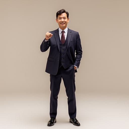 이미지에는 세련된 정장을 입은 40대 초반 한국 남성이 자신감 넘치는 표정으로 촬영되어 있습니다. 그는 멋진 넥타이와 패션 아이템을 강조하기 위해 주먹을 쥐고 포즈를 취하고 있으며, 패션 쇼핑을 주제로 한 깔끔한 스튜디오 배경 속에서 자신감과 패션 감각을 뽐내고 있습니다.