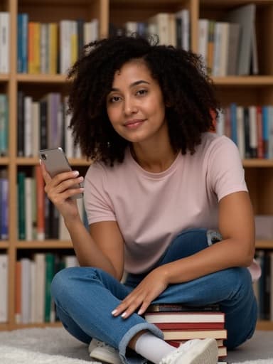 40대 중반의 혼혈 여성이 편안한 티셔츠와 청바지를 입고, 캐주얼한 운동화를 신고 있는 반신 사진. 그녀는 한 손에 스마트폰을 들고, 다른 손은 책 더미 위에 놓고 앉아 여유롭고 자신감 있는 표정을 짓고 있습니다. 아늑한 도서관의 서가가 배경으로 다양한 책들이 진열되어 있어 지식과 정보의 세계를 상징합니다.