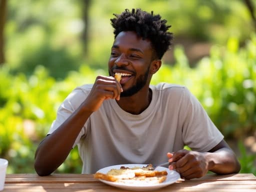 20대 중반의 아프리카계 남성이 야외 테이블에 앉아 간식을 즐기고 있습니다. 그는 캐주얼한 티셔츠와 청바지를 입고 있으며, 간식을 맛있게 먹으며 열정적인 표정을 짓고 있습니다. 배경은 푸르른 자연 풍경으로, 편안하고 매력적인 분위기를 만들어냅니다.