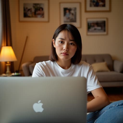 10대 후반의 한국인 여성의 반신 사진으로, 자연스러운 외모를 가진 모델이 편안한 티셔츠와 청바지를 입고 아늑한 거실에 앉아 있습니다. 그녀는 실망한 표정을 짓고 있으며, 눈썹이 살짝 찌푸려져 있습니다. 노트북 앞에 앉아 손은 키보드 위에 놓여 있습니다. 배경에는 가족 사진이 걸려 있고 소파와 작은 테이블이 배치되어 있어 따뜻하고 초대하는 분위기를 만들어냅니다.
